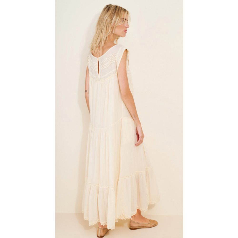 NEW FREE PEOPLE IVORY MEADOWS EDGE EYELET LACE PINTUCK MAXI DRESS SZ L - Picture 2 of 11